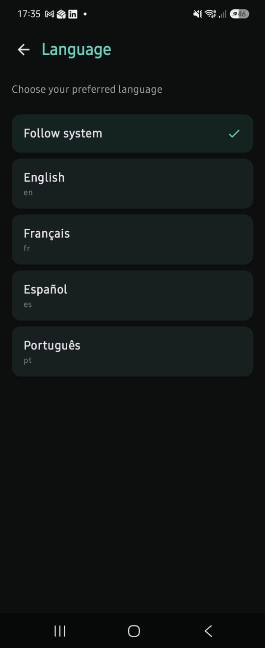 NotifyBridge Language screen listing Follow system, English, Français, Español and Português, with Follow system selected