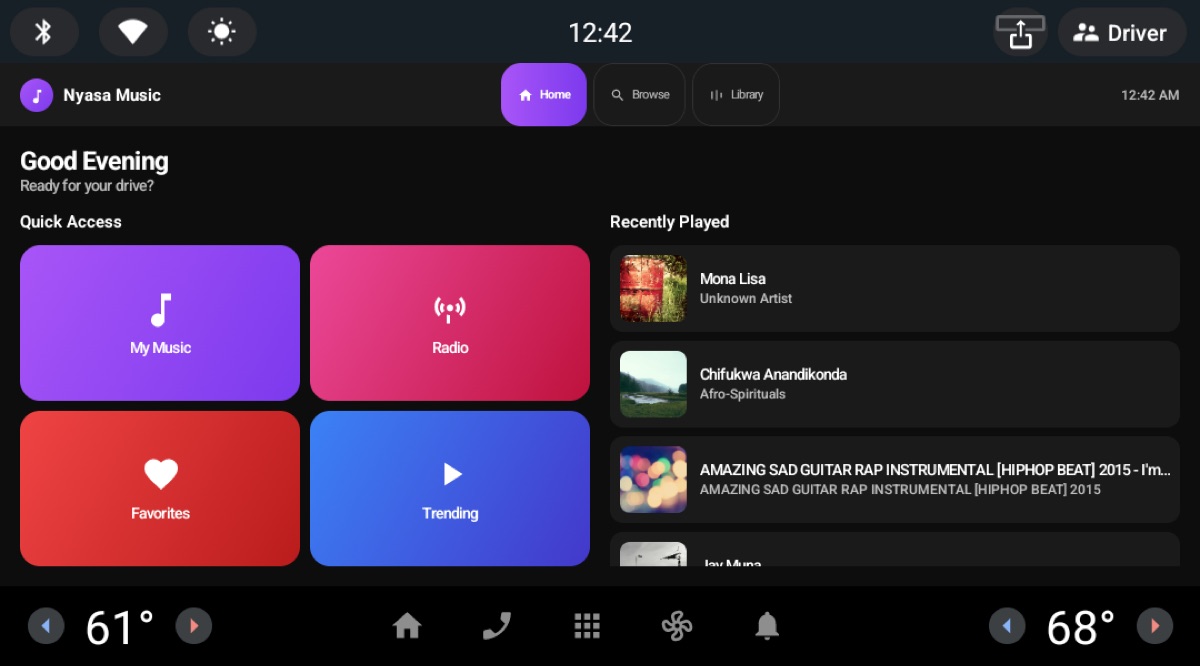 NyasaPlayer running on an Android Automotive head-unit display, showing quick-access tiles and recently played tracks
