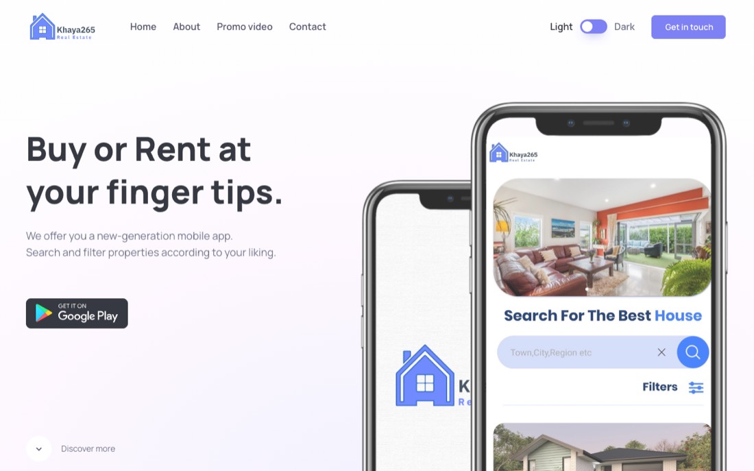 Khaya265 landing page showing the real-estate app on two phones