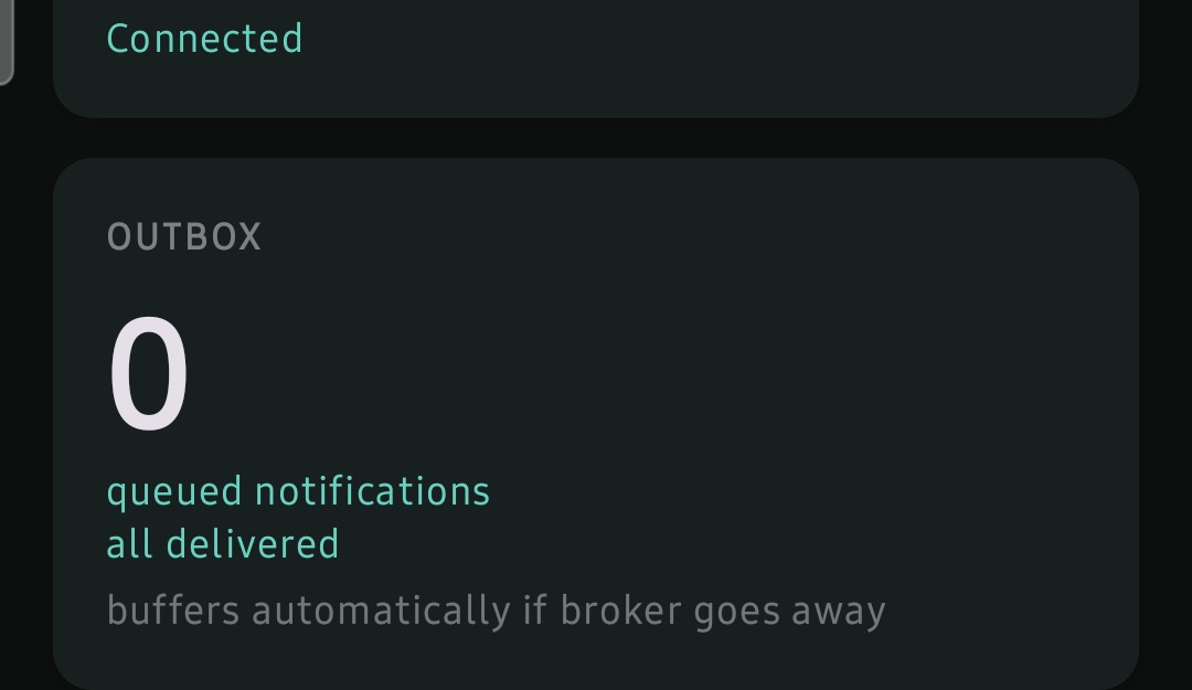 NotifyBridge status screen: broker connected, outbox empty, all notifications delivered