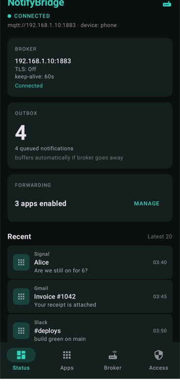 NotifyBridge status screen showing a connected broker