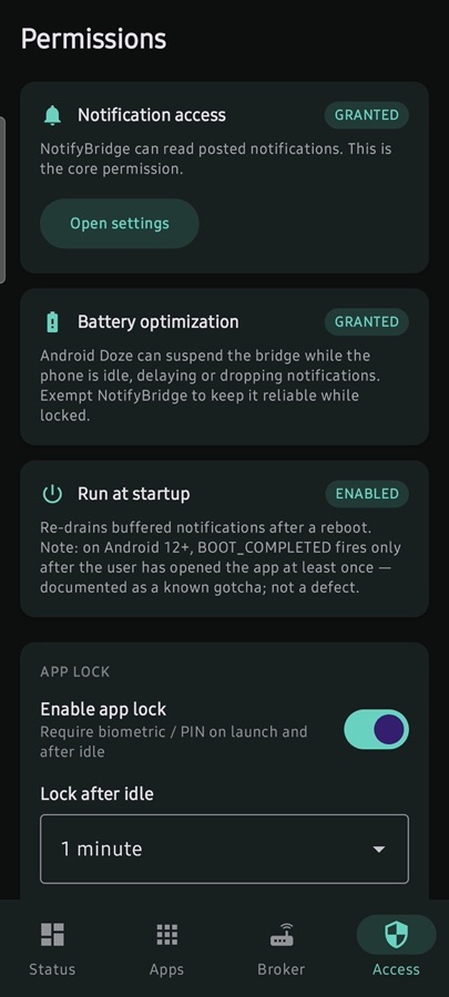 The Permissions screen states the Android-12 boot caveat in the UI rather than hiding it