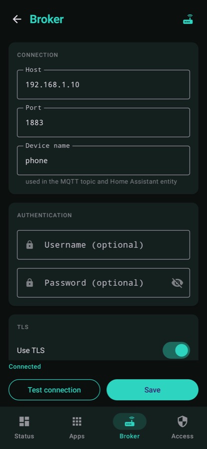 Broker configuration with host, port and TLS mode