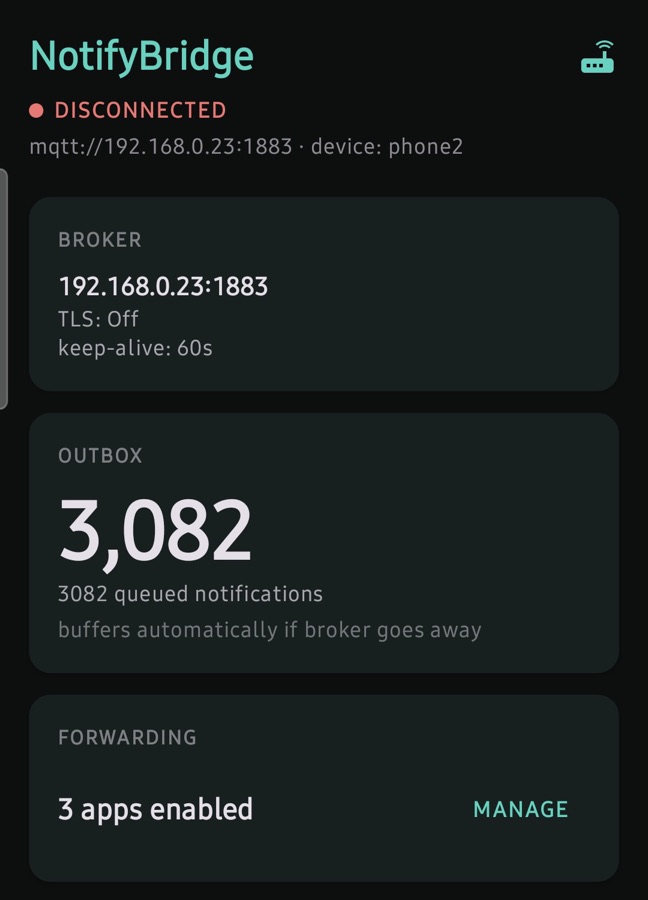 Broker disconnected with 3,082 notifications buffered in the outbox — nothing lost while the broker is unreachable