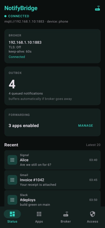 Status screen with a connected broker, outbox depth and recent forwards