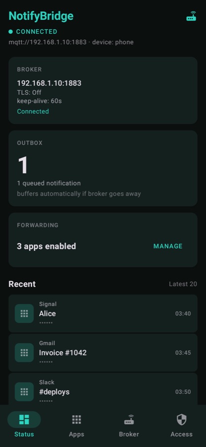 Recent list with notification bodies redacted behind the app-lock