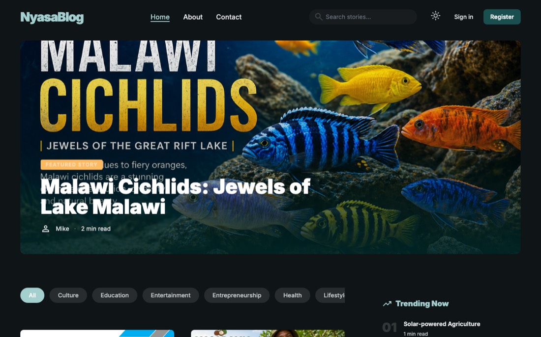 NyasaBlog home page with a featured story and category filters