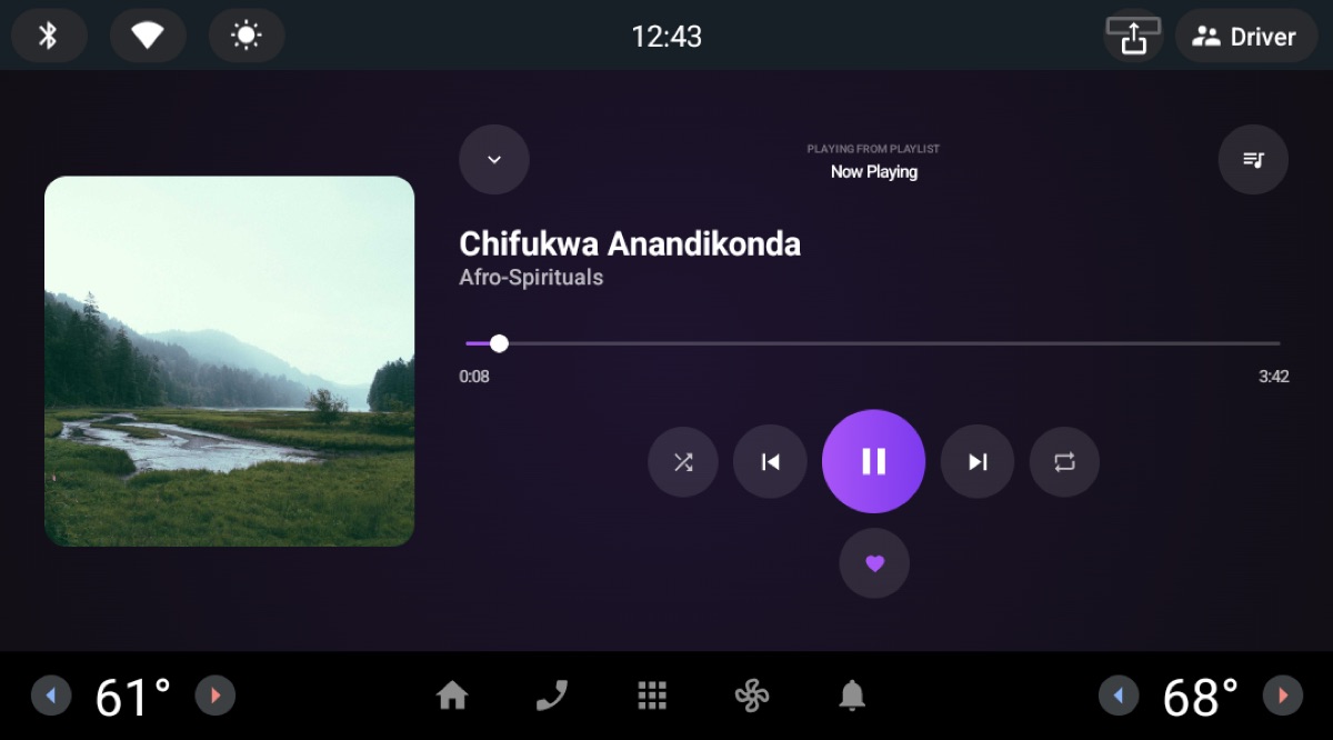 NyasaPlayer's now-playing screen on an Android Automotive head unit: album art, track title and artist, a scrubber, playback controls, and the climate bar below