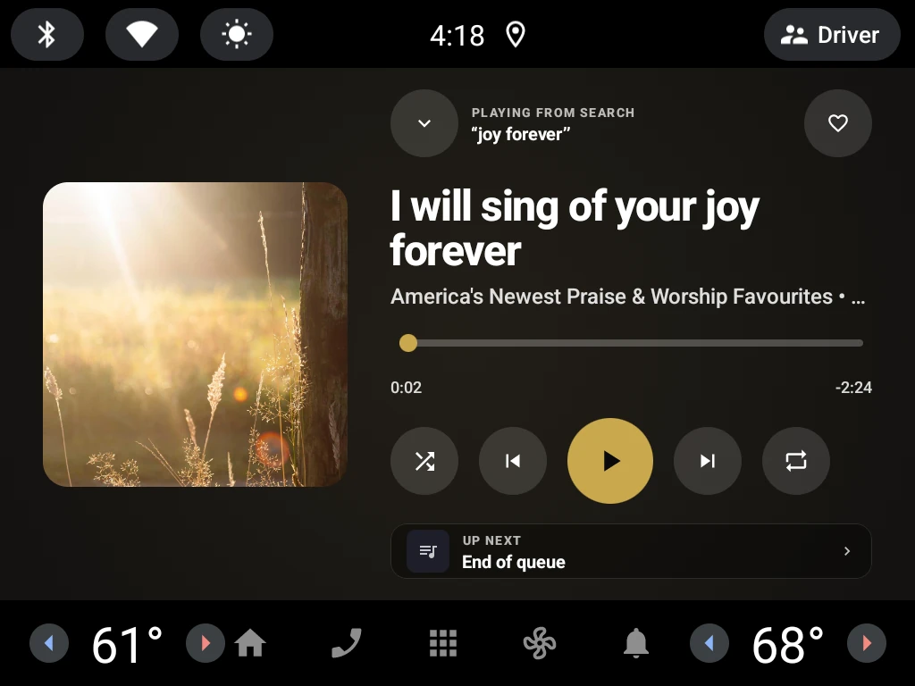 NyasaPlayer Now Playing on an Android Automotive head unit, with album art, track details, a progress bar, playback controls, an Up Next panel, and system climate controls