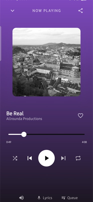 NyasaPlayer now-playing screen with album art, scrubber and playback controls